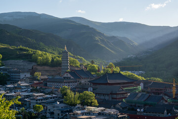 Aerial view of the Wutai Mountain at sunrise, Shanxi Province, China