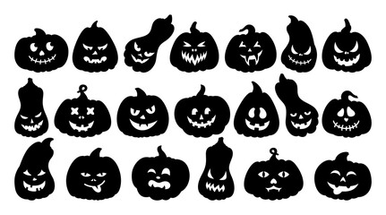 Halloween Pumpkin face cartoon black silhouette set. Pumpkins with scared and smiley faces, creepy grin, symbol holiday Happy Halloween. Cute and funny muzzle. Scary spooky devils eyes Isolated vector