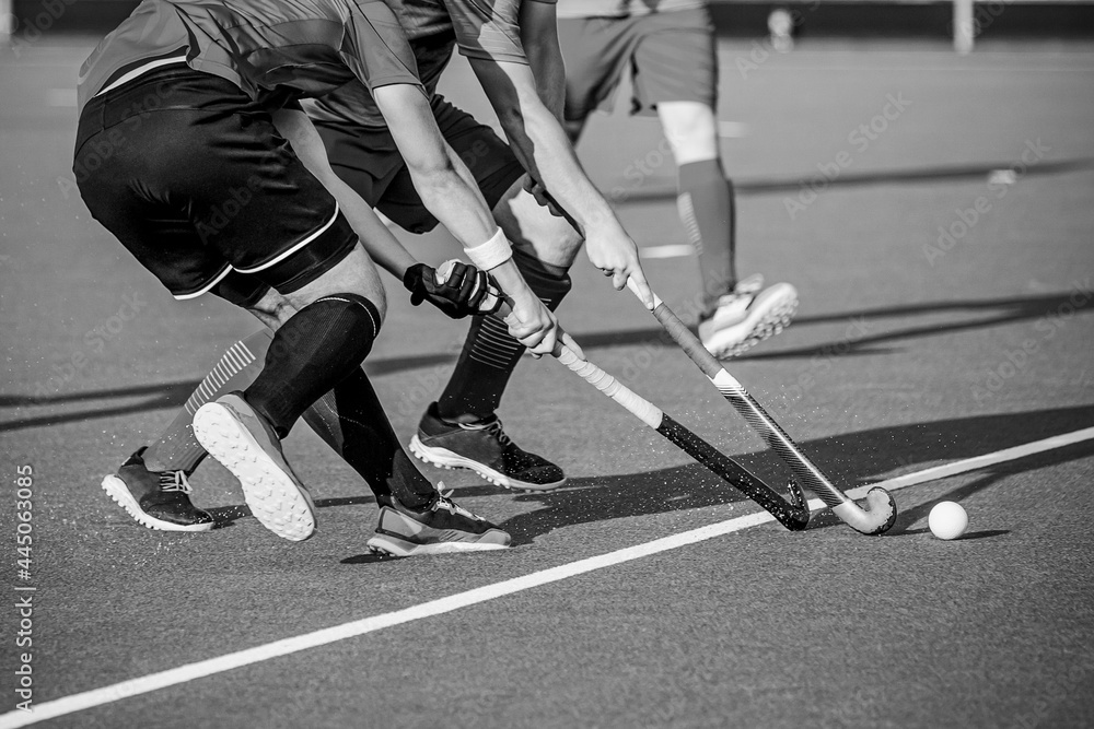 Sticker close-up on a professional field hockey player.