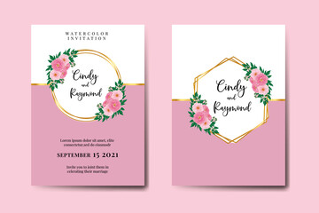 Wedding invitation frame set, floral Digital watercolor Pink Peony Flower design Invitation Card Template