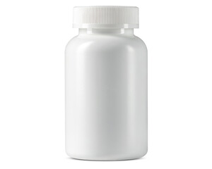 White plastic bottle, container or packer for Pills, tablets, drugs, vitamins. Medicine Concept for pharmacy store, hospital, doctor's office, disease, illness, sick people. For Doctor prescription.