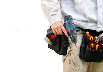 Multi tool belt of technician around waist.
