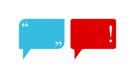 Chat bubbles with commas and exclamation mark. Empty text boxes or quote frames. Isolated vector illustration.