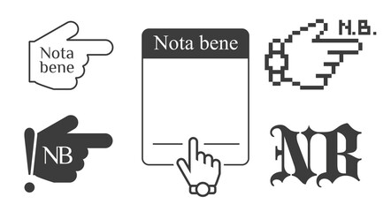 Nota bene latin phrase black icons. Forefinger and empty text box. Hand cursor with wristwatch. Isolated vector illustration.