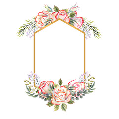 Golden geometric frame with a bouquet of white roses with leaves, decorative twigs and berries. Watercolor illustration for logos, invitations, greeting cards