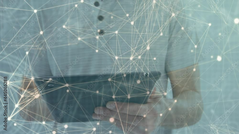 Poster network of connections floating against caucasian using digital tablet