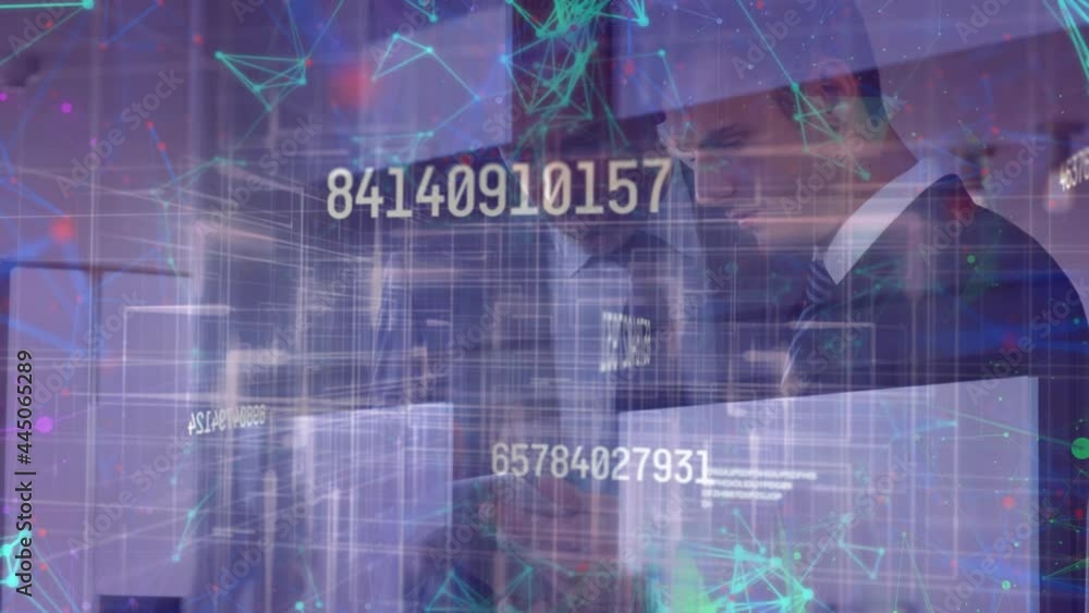 Poster multiple changing numbers and network of connections against two businessman using digital tablet