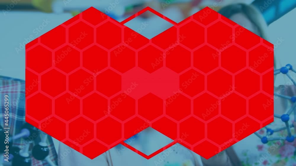 Aufkleber abstract hexagonal shapes against caucasian boy touching molecular structure model at laboratory