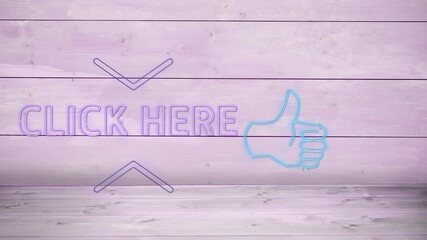 Neon click here text and thumbs up symbol against purple wooden background - Powered by Adobe