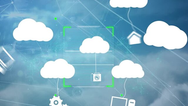 Square scanner and multiple cloud icons over network of connections against clouds in blue sky
