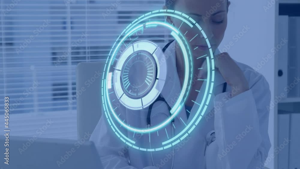 Poster animation of scope scanning over female doctor using computer