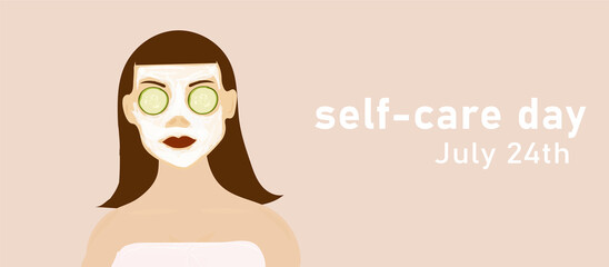 Self-care vector . Self care day July 24th concept. Woman in towell and cucumber on eyes. Pink vector taking care of yourself spa day.