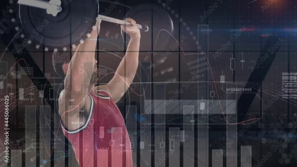 Aufkleber animation of data processing and statistics over strong man exercising