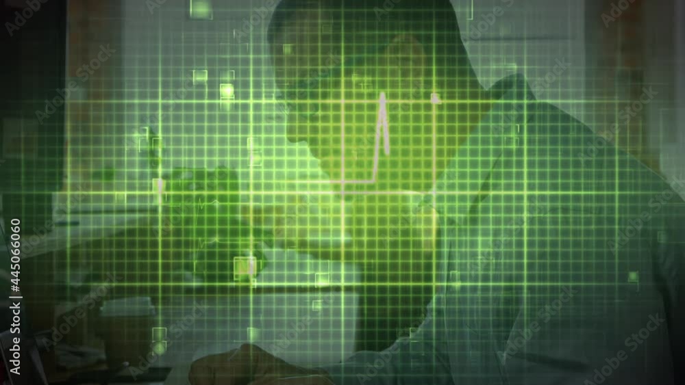 Aufkleber animation of heart rate monitor and data processing on green grid, over man at desk using computer