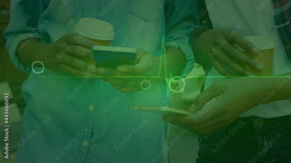 Poster animation of heart rate monitor and hand on interface, over couple with coffees using smartphones