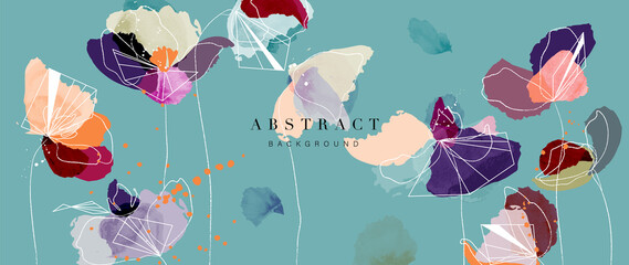 Watercolor art background vector. Wallpaper design with flower paint brush line art. Earth tone blue, pink, ivory, beige watercolor Illustration for prints, wall art, cover and invitation. © TWINS DESIGN STUDIO