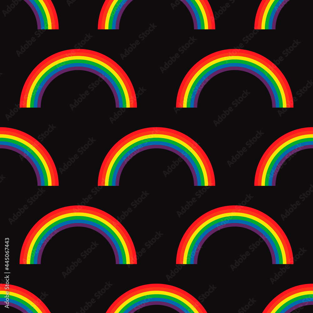 Poster Rainbow arcs sample on black background. Vector seamless rainbows pattern.