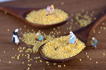 Miniature farmers sorting out the millet in a wooden spoon