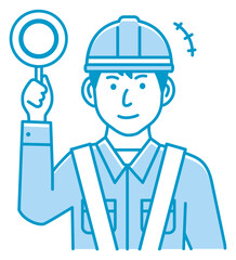 ○×プレートを手に持つ若い男性作業員のイラスト（上半身) /○・OK・良い
