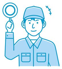 ○×プレートを手に持つ若い男性作業員のイラスト（上半身) /○・OK・良い
