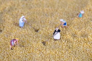 Farmer dolls working on millet background