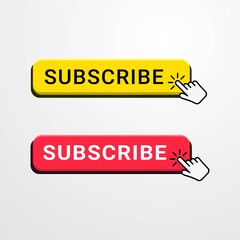 Subscribe button for video channel, blog and social media. Red button with hand cursor and bell for subscription