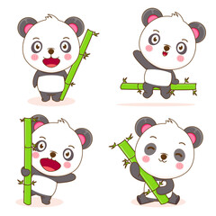 Set collection of cute happy Happy panda cartoon. Vector illustration of chibi character.