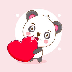 Cute happy Happy panda cartoon holding love heart. Vector illustration of chibi character.