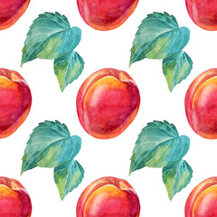 Seamless pattern watercolor apricot with green leaves. Red, yellow, orange hand-drawn fruit on white. Sweet dessert summer food. Background for menu, sticker, wallpaper, wrapping, invite, textile
