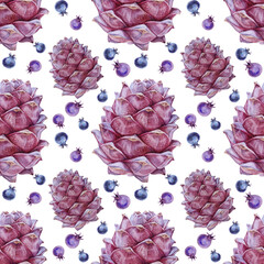 Seamless pattern watercolor hand-drawn realistic cedar pine cone and blueberry on white. Healthy vegan forest food. Botanical illustration. Nature background for card, textile, wrapping