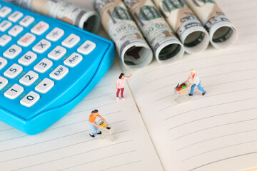 Calculator and dollars and miniature shoppers on the notebook