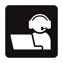ヘッドセットをした人物とノートPCのシンプルなアイコン/白ヌキ