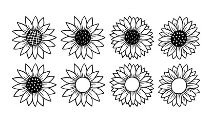 Sunflower simple icon set. Flower silhouette vector illustration. Sunflower graphic logo collection, hand drawn icon for packaging, decor. Petals frame, black silhouette isolated on white background.