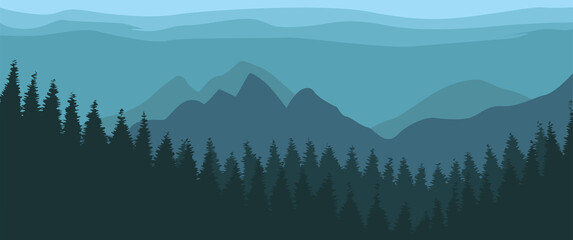 Mountain and Pine Forest with Sky Layers vector illustration Used for desktop wallpaper, banner, flyer, typography background, background, backdrop, and others.