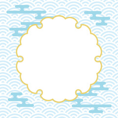 日本の伝統文様　雪輪のフレームと和柄の背景イラスト　青の和雲と青海波