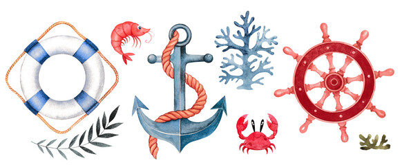 Sea set. A watercolor illustration with an anchor, a steering wheel, a lifebuoy and a crab. Suitable for printing on fabric, decorating walls in a children's room, for printing on fabric or postcards.