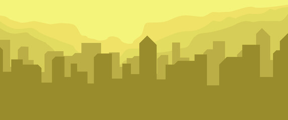 Fototapeta premium Simple city building silhouette with mountains layers vector illustration used for desktop wallpaper, background, backdrop, flyer, banner, and others.