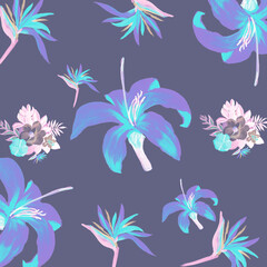 Violet Pattern Texture. Coral Tropical Hibiscus. Blue Floral Illustration. Navy Flora Painting. Purple Decoration Plant. Cobalt Wallpaper Vintage. Indigo Spring Painting.