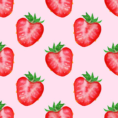 Watercolor hand drawn sketch red strawberry berry slice seamless pattern texture background