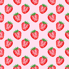 Watercolor hand drawn sketch red strawberry berry slice seamless pattern texture background