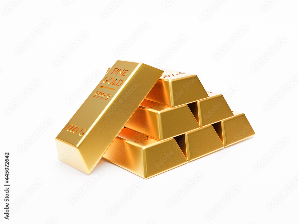 Poster isolated of heap of gold bar or gold ingot stacking on white background by 3d rendering technique.