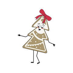 Cute character of gingerbread cookie in the shape of a Christmas tree cheerful with emotions, smile, hands and legs. Happy New Year sweets. Holiday decoration with bow