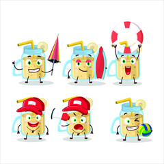 Happy Face banana smoothie cartoon character playing on a beach. Vector illustration