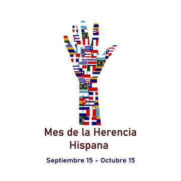 Different Flags of America on silhouette people hand. Cultural and ethnic diversity. Mes Nacional de la Herencia Hispana.
spanish text lettering 