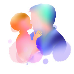 Happy father's day. Side view of Happy family son hugging dad silhouette plus abstract watercolor painting. Double exposure illustration. Digital art painting.
