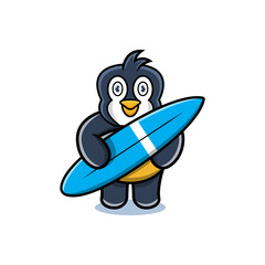 cartoon animal cute penguin holding a surfboard