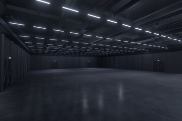 Empty hall exhibition centre. The backdrop for exhibition stands, booth elements.Conversation centre for the conference.Big Arena for entertainment,concert, event. Indoor stadium for sports.3d render.