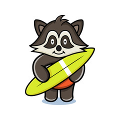 cartoon animal cute racoon holding a surfboard