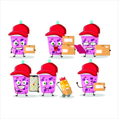 Cartoon character design of grapes milk with boba working as a courier. Vector illustration
