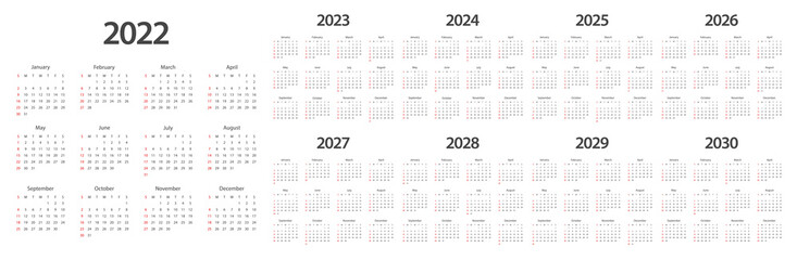 Calendar 2022 2023 2024 2025 2026 2027 2028 2029 2030 week start Sunday corporate design planner template.